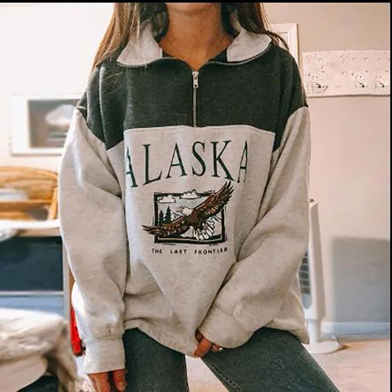

Letter Printing Sweatshirt Women Harajuku Hoodie Turn-down Collar Pullovers Yes Vintage Zipper Casual Tops Japanese Fashion
