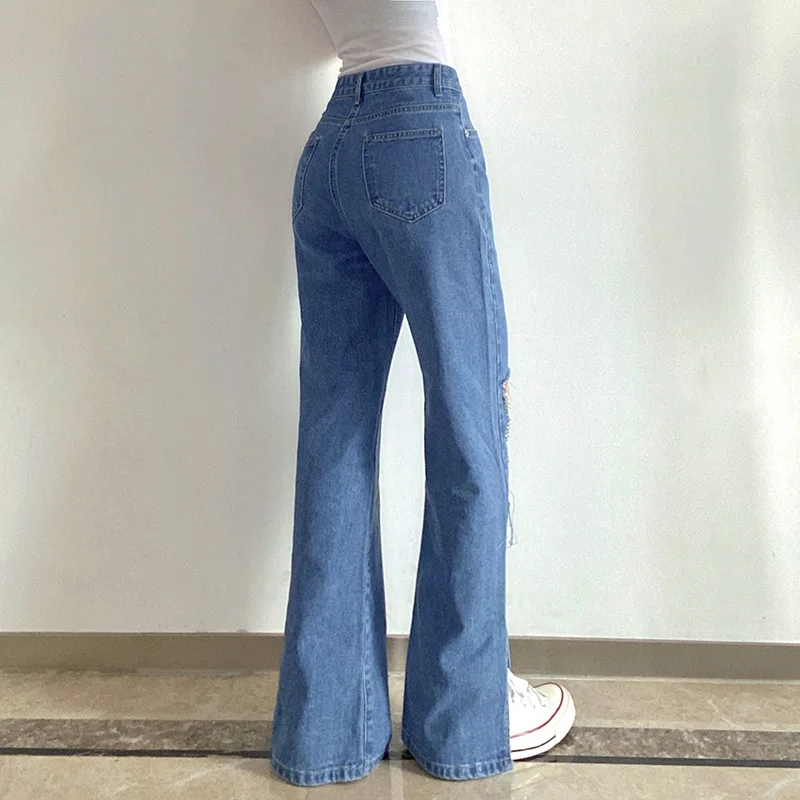 

New summer fashion casual ripped chain high waist straight leg split jeans
