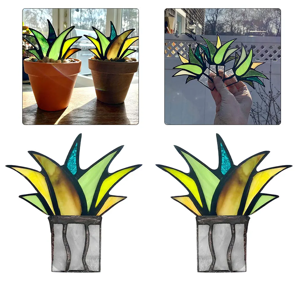 

2021 Stained Glass Potted Plant Agave Aloe Ornament Home Decoration Handmade Craft Yard & Garden Outdoor Indoor Decoration 2PCS