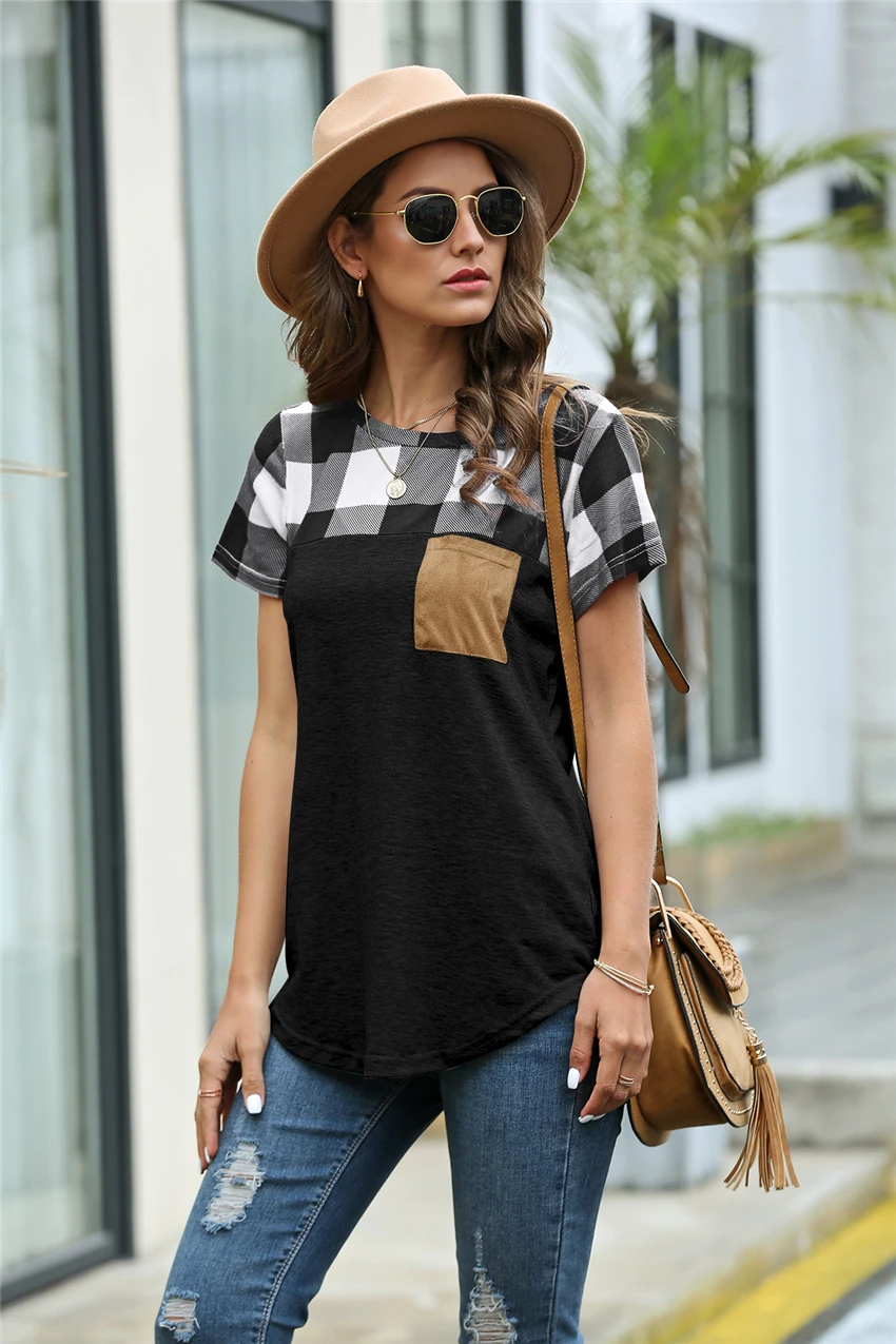 Футболка женская в клетку с карманами повседневная хлопковая рубашка коротким