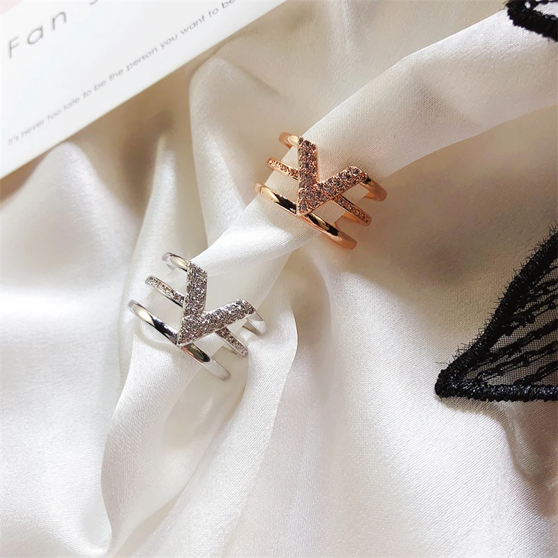 

Fashionable personality creative micro-inlaid open ring Personality versatile simple V-shaped multilayer ring jewelry wholesale