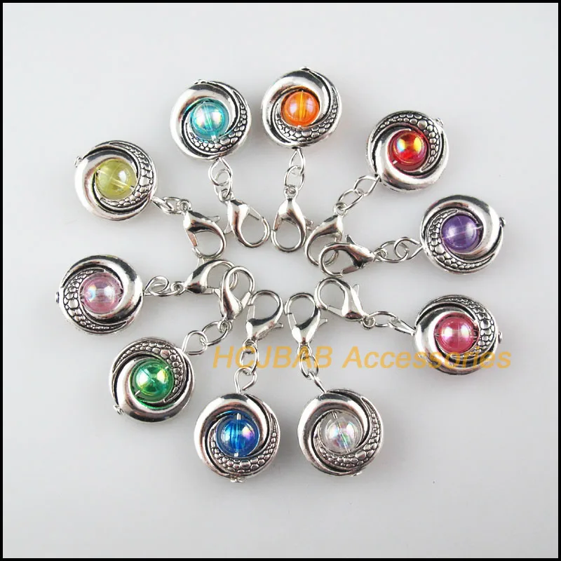 

10 New Circle Charms Mixed Mirage Resin Tibetan Silver Plated With Lobster Claw Clasps Frame Pendants 15x19mm