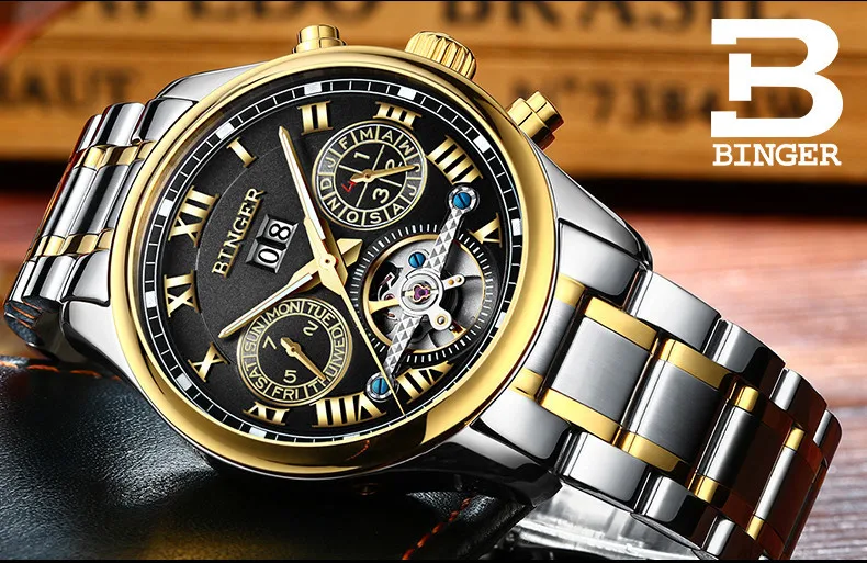 Швейцарские Бингер мужские часы люксовый бренд Tourbillon сапфир светящиеся несколько функций механические наручные часы B8602-7
