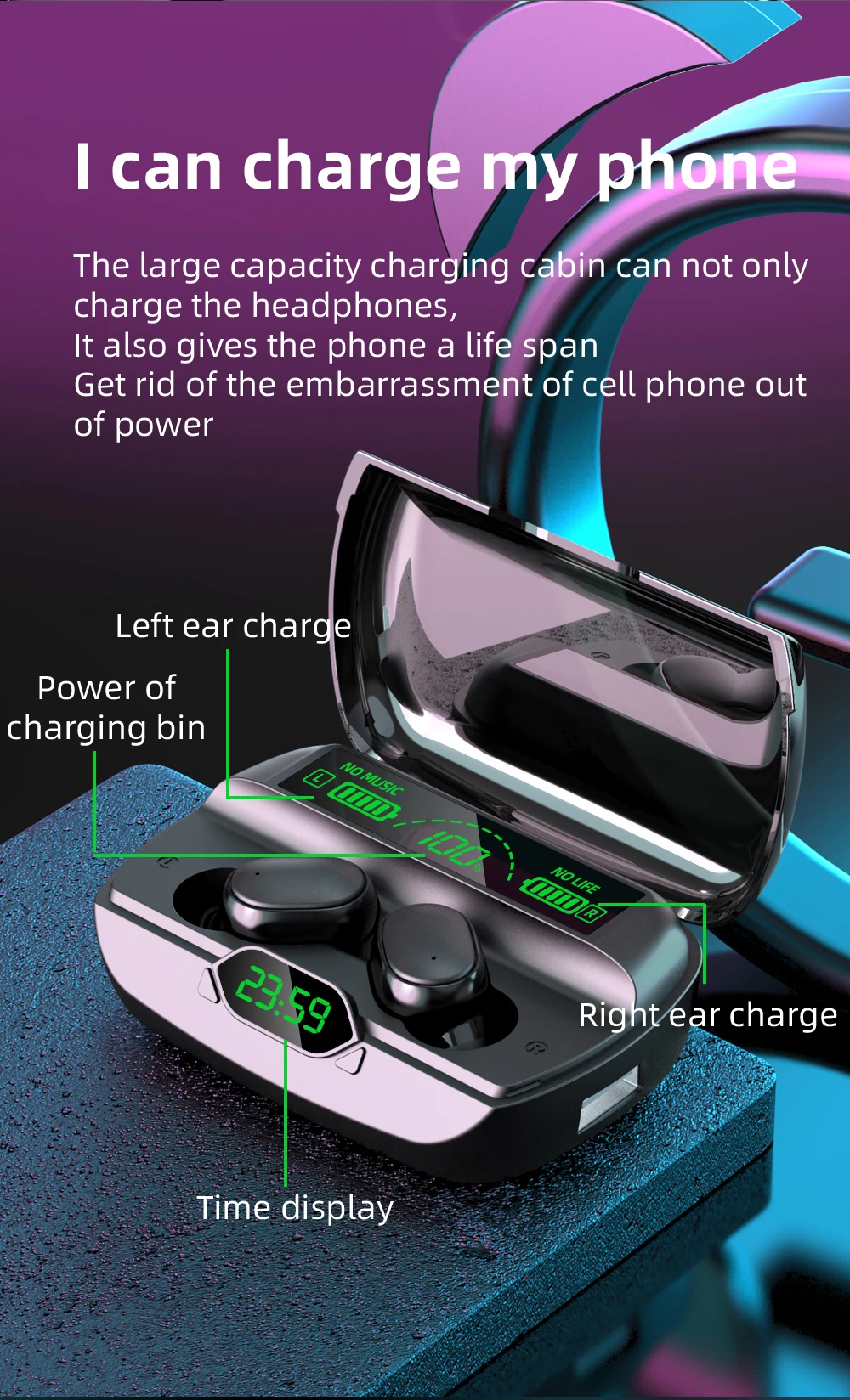 G6 TWS Active Noise Reduction Wireless Bluetooth Headset Charging Cassette Power Bank with Clock Display Binaural 5.0 Stereo | Электроника