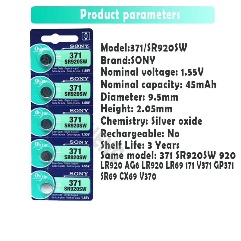 20 шт. Sony 100 Оригинал 371 SR920SW 920 LR920 AG6 LR69 171 1 55 в оксид серебра батарея для часов