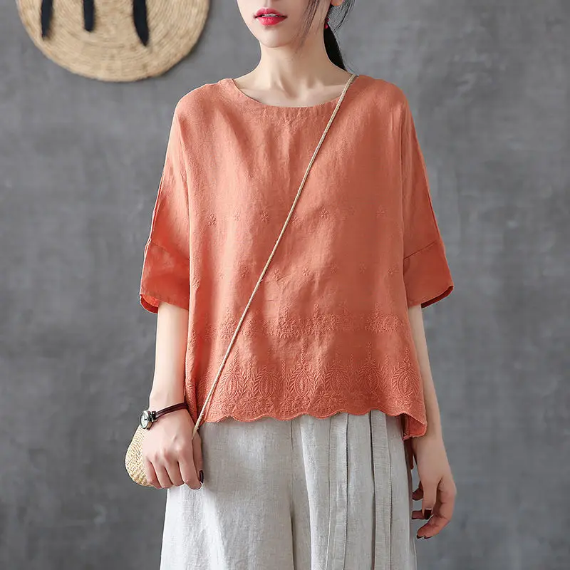 Женская винтажная блузка с вышивкой Повседневная Свободная льняная рубашка