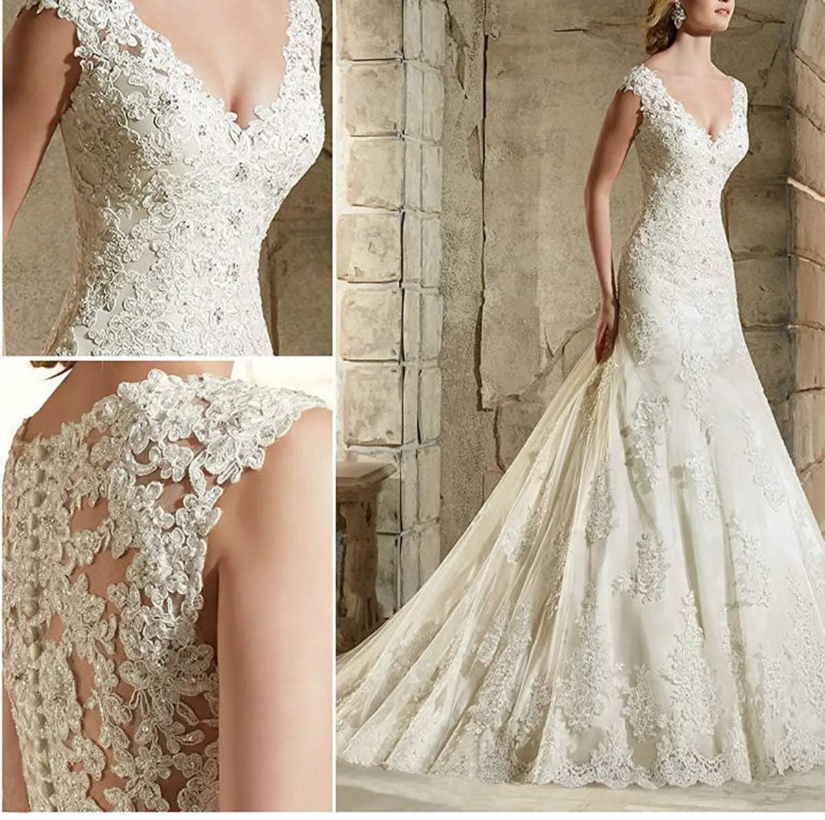 

2020-pointed V-cut wedding dress For bride Appliques Perle party dress Vestido De Noiva Bridal Vintage