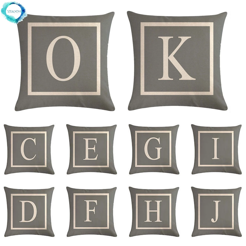 

26 Letters English Alphabet Decorative Pillow Cover Texture Gray Cotton Linen Cushion Cover Chair Home Decor Pillowcase 45x45cm