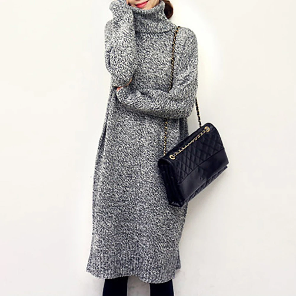 

Hot Sale Autumn Winter Women Long Knits Dress Long Sleeve Pullover Patchwork High Collar Elegant Casual Warm Female Sweater