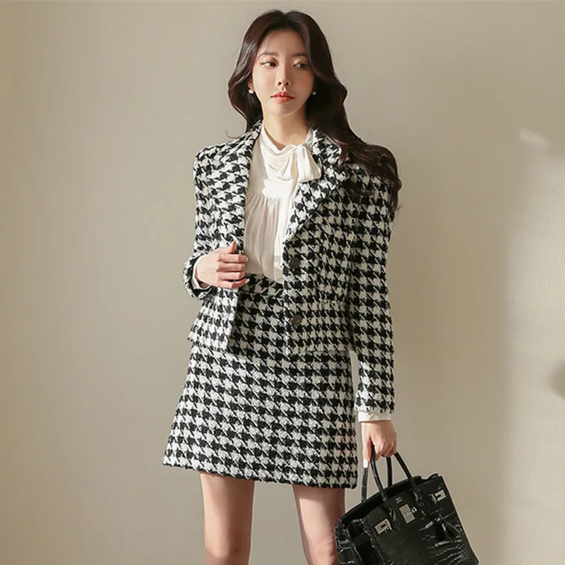 

Женский твидовый костюм из куртки с длинным рукавом и шерстяной юбки, подиумная одежда в клетку с рисунком «гусиные лапки», Осень-зима 2020