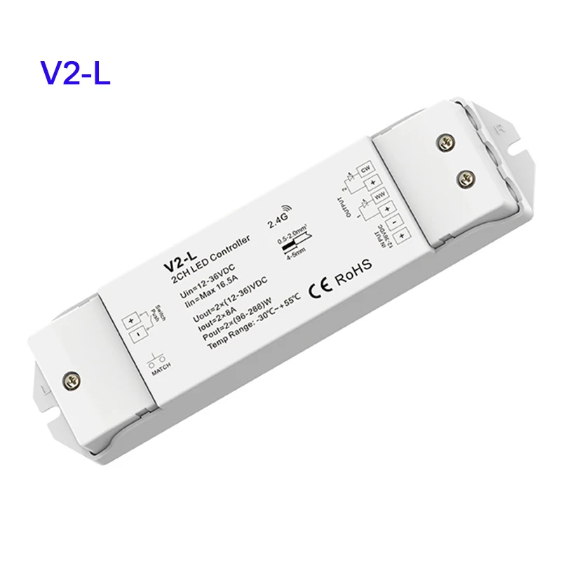 

V2-L 2.4G RF Dual Color LED Controller DC12-36V 2CH*8A Push Dim CW WW led dimmer for Dual Color led strip light