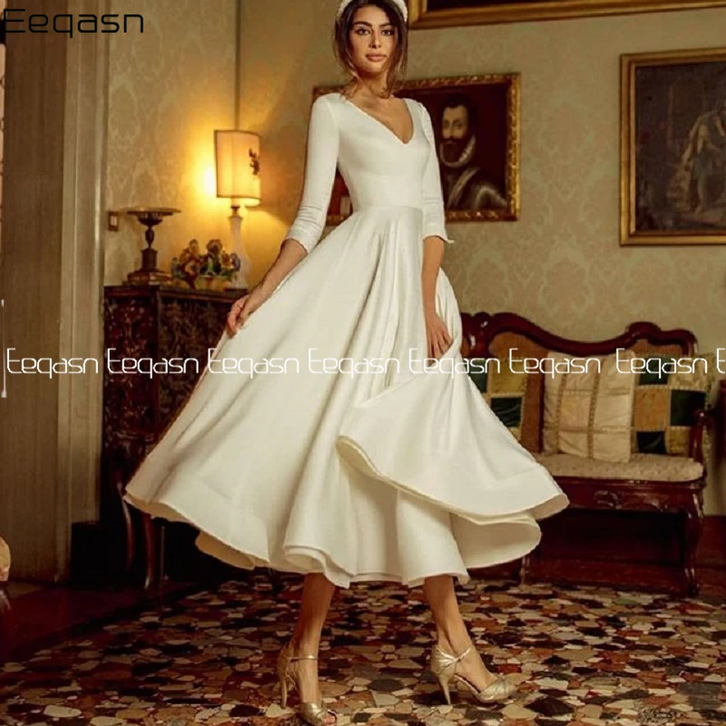 

Женское атласное платье невесты Eeqasn, винтажное ТРАПЕЦИЕВИДНОЕ свадебное платье цвета слоновой кости с рукавом 3/4 и V-образным вырезом, 2020