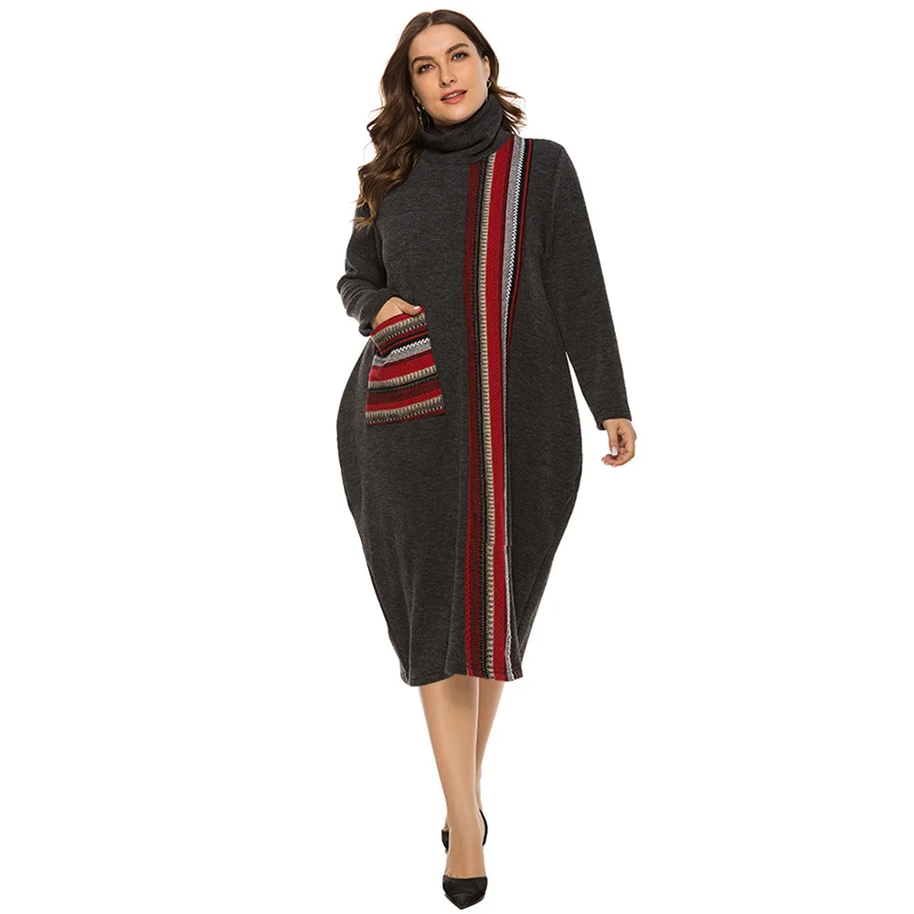2021 Autumn And Winter New Large Size Women's Long-Sleeved Warm High-Neck Striped Pockets Loose And Thin Basic Knit Dress 5XL