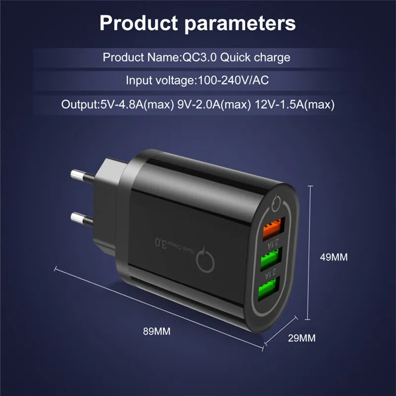 

3A Quick Charge 3.0 USB Charger Fast Charging Wall Charger EU US Phone Charger Adapter For Samsung Huawei QC 3.0 Charger