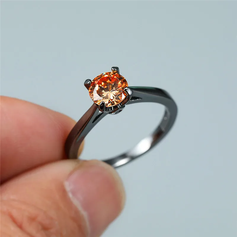 

Cute Female Small Champagne Stone Ring Vintage Black Gold Wedding Rings For Women Promise Love Round Engagement Ring