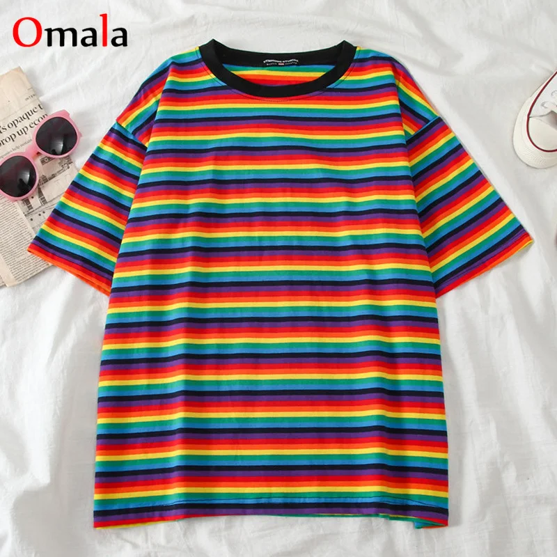 Футболка женская оверсайз в радужную полоску повседневная Милая рубашка с