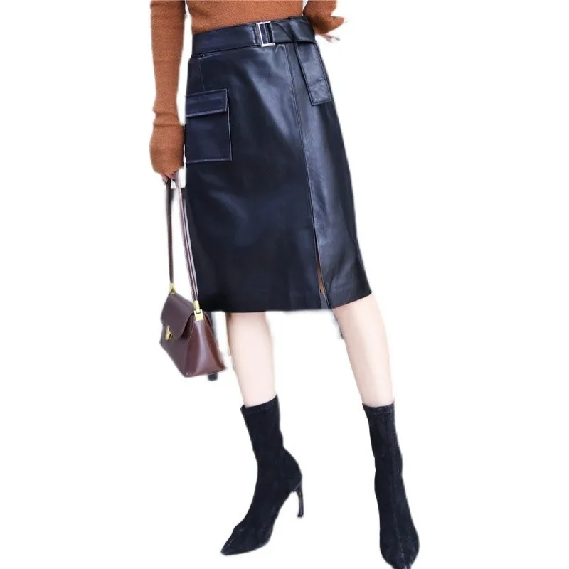 

Spring Autumn Sheepskin Skirts Black Female High Waist Genuine Leather Above-Knee Sashes Women Mid-Length Front Split Wrap Skirt