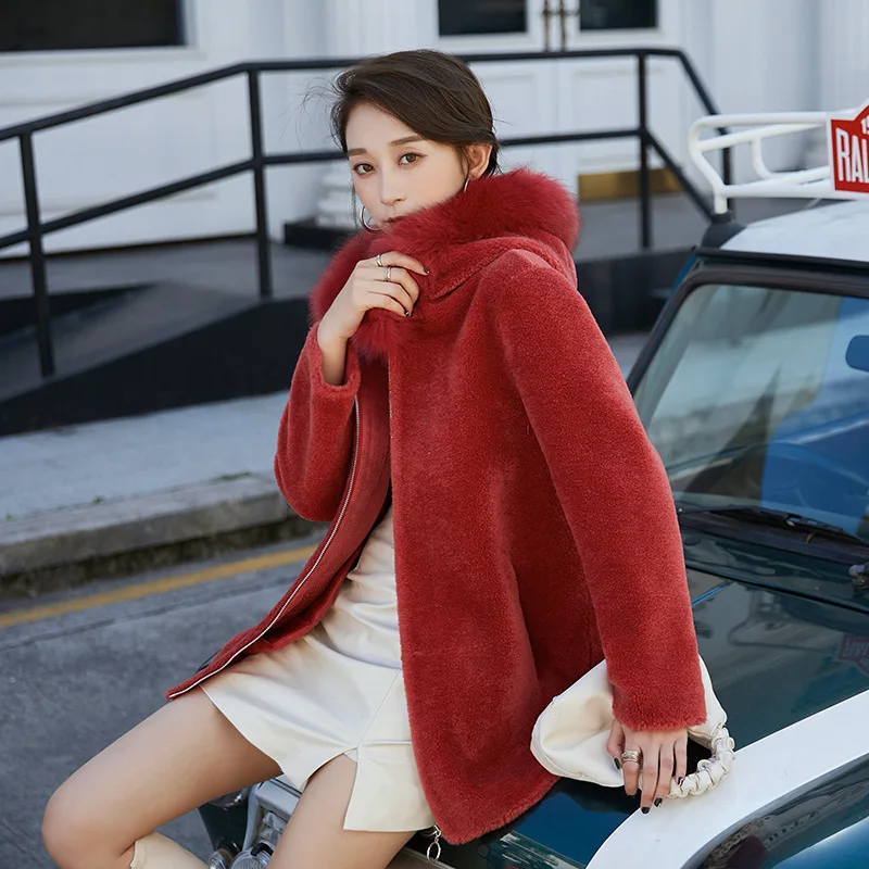 Elegant Fox Collar Hooded Sheep Sheared Mid Length Women Coat Real Fur Wool Grain Outwear Autumn and Winter Warm Red Jacket