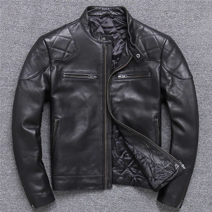 

New Stylish Genuine Men Real Sheepskin Motorcycle Biker Leather Jacket Casual Male Winter Outerwear Plus Size