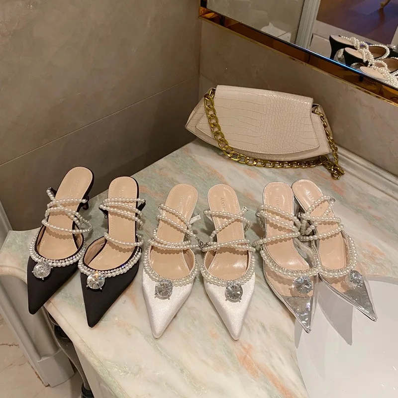 

2021 Spring Summer New Bridesmaid Bride's Wedding Shoes Women's Pointed Pearl Diamond Thin Heel Sandals High Heel Shoes Women