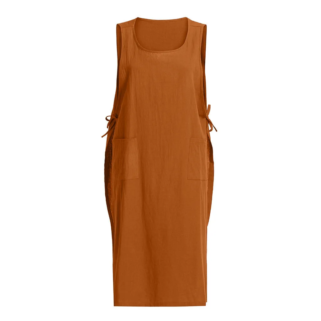 

2021 Women's Plus Size Dress Cotton O-Neck Loose Casual Vintage Sleeveless Vest Dresses Streetwear Midi National Style Maternity