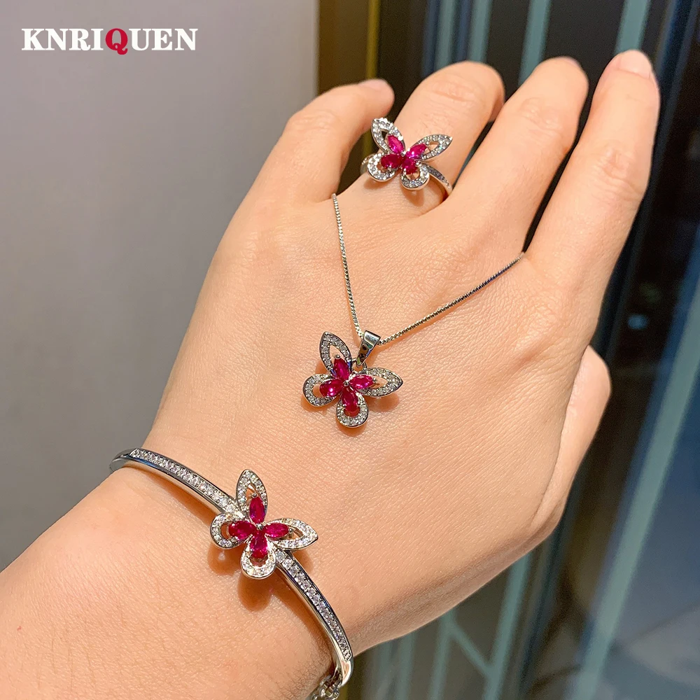 

2021 New Silver 925 Jewelry Sets for Women Butterfly Lab Diamond Ruby Stone Pendant Necklace Ring Bracelet Wedding Party Gifts