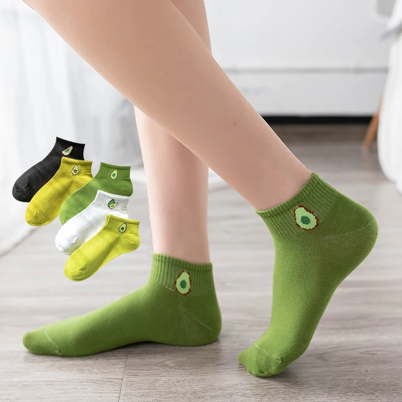 

Women Solid Avocado Embroidery Socks Casual Joker Cotton Short Socks For Ladies Concise College Style Breathable Sox Trendy New