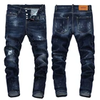 Джинсы мужские прямые в европейском стиле, брендовые зауженные штаны из денима, на молнии, с принтом с рисунком синих отверстий, D2