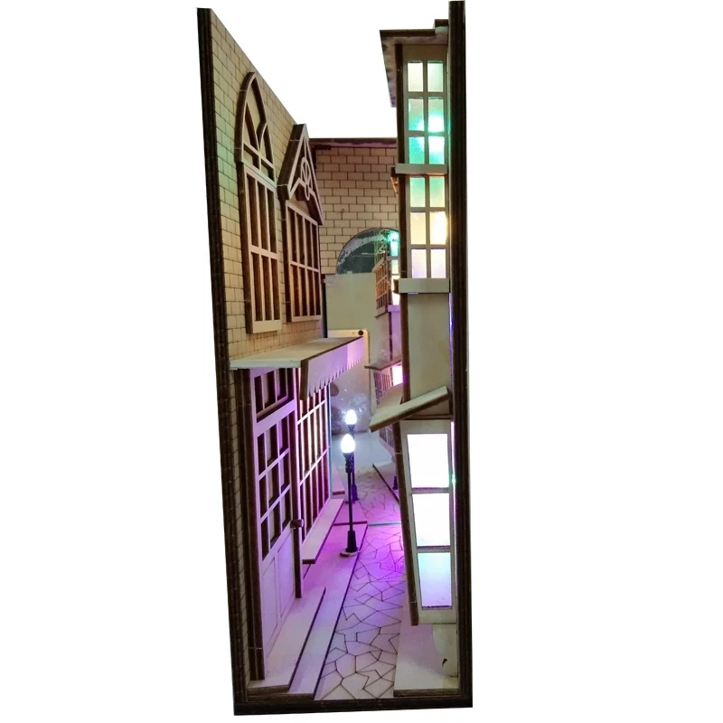 

DIY KIT Diagon Alley Wooden Book Nook Art Bookends Removable Alley Booknook Handmade Book Decoration LED Bookshelf