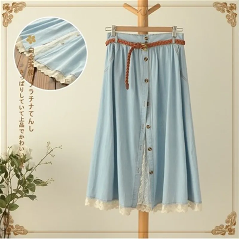 Юбка женская джинсовая кружевная юбка с эластичным поясом Женская Повседневная