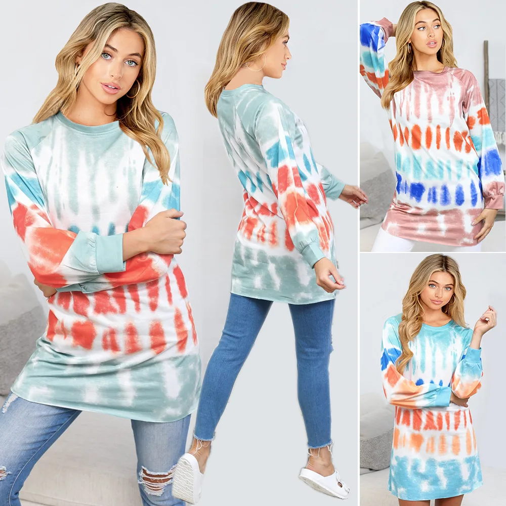 

New Women's Sweatshirt Dress Rainbow Tie Dye Print Autumn O-neck Long Sleeve Mini Skirt Casual Women's Loose Straight Skirt Sun