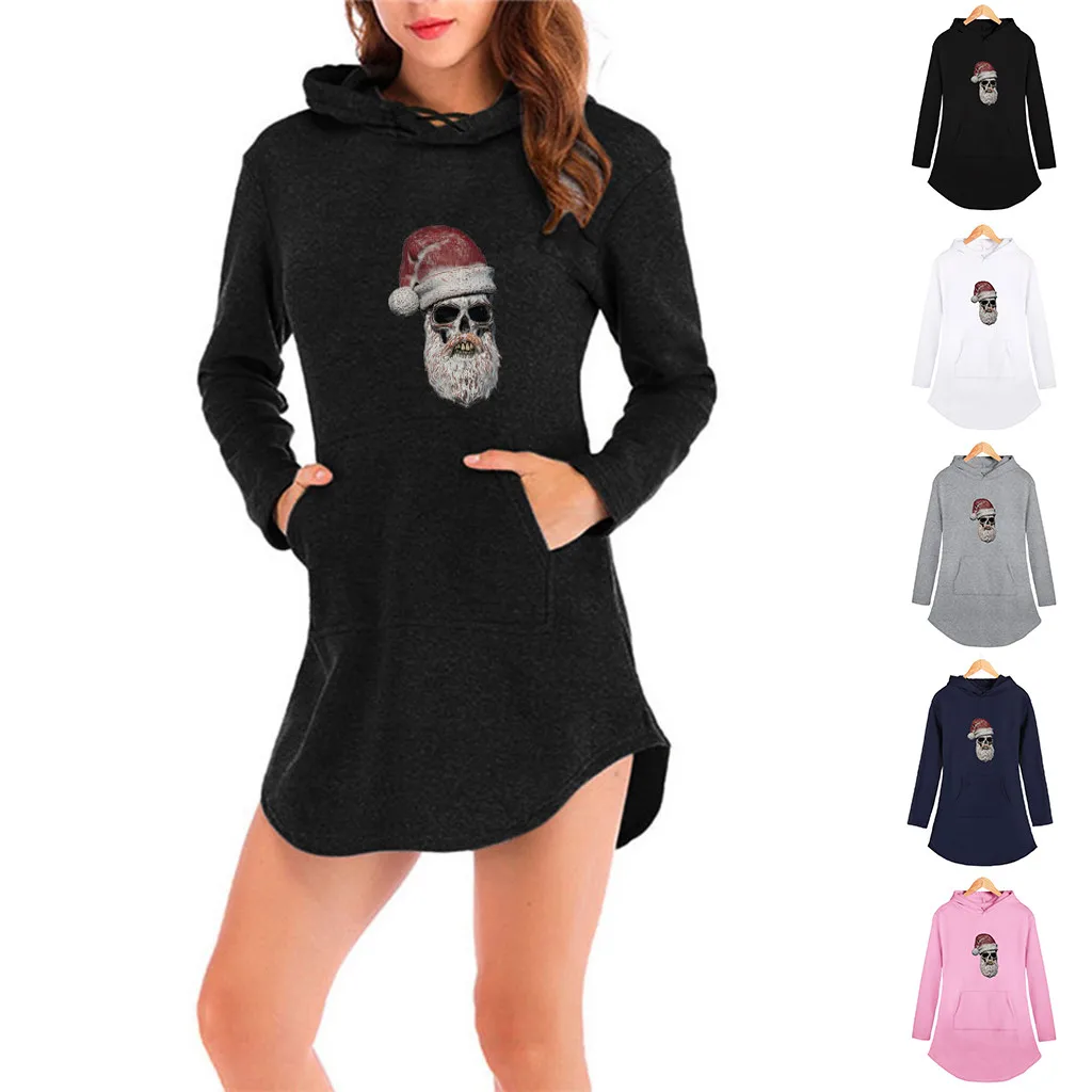 Женское платье с капюшоном Рождественский принт свитер длинными рукавами одежда