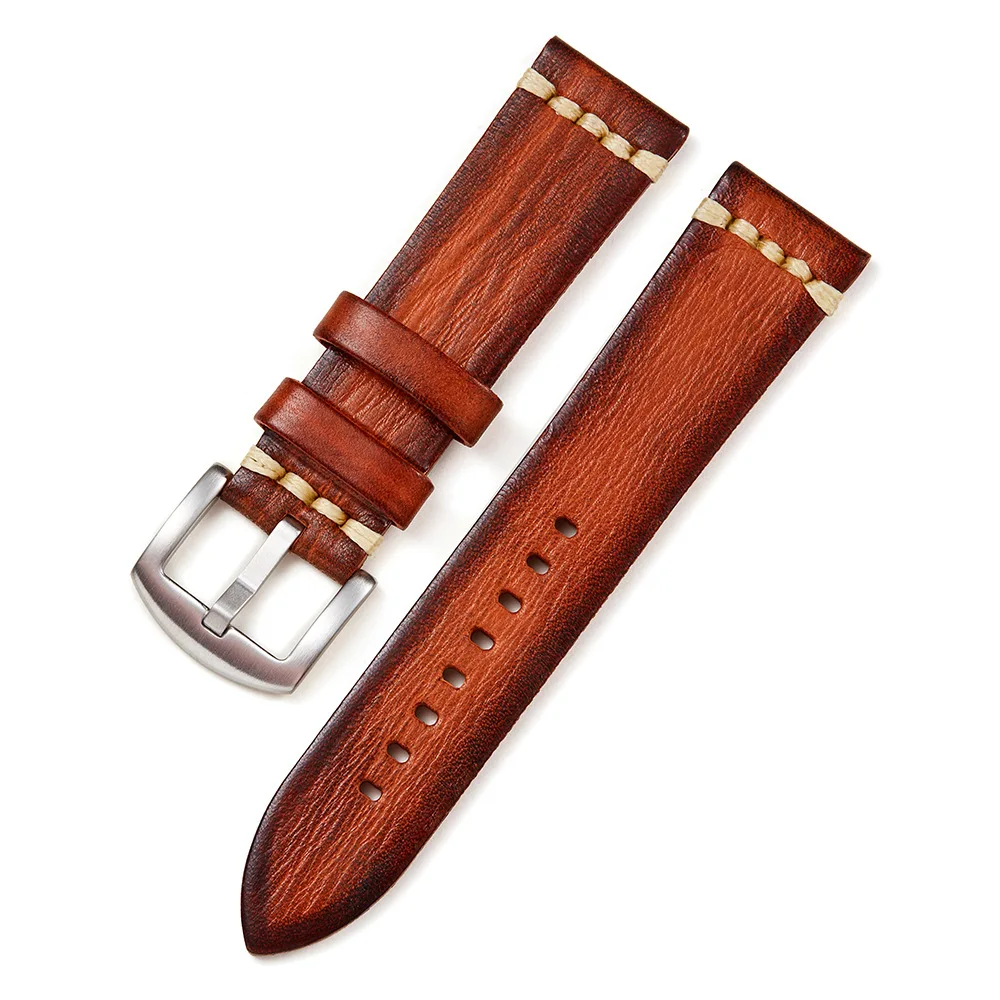 New Brushed Color Leather Watch Bracelet 20mm 22mm Retro Watchband Brown Blue Wristband Belt With Stainless Steel Buckle