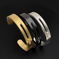 fateam simple stainless steel open unisex bangles with three sliding beads with stone hollow in the middle popular jewelry