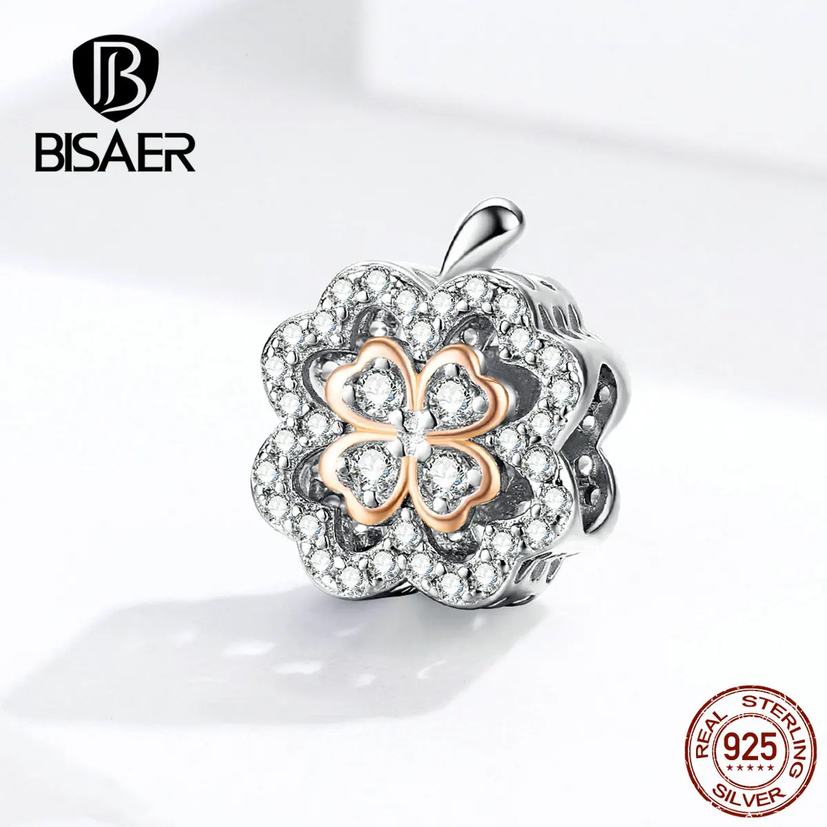 BISAER цветок клевера подлинный 925 пробы серебро Кристалл Циркон Клевер цветок бусины талисманы подходят браслеты DIY Ювелирные изделия ECC1247