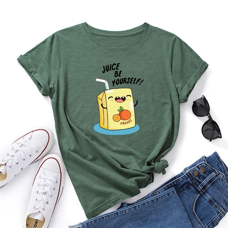 

Summer Women T Shirts 100% Cotton Plus Size Short Sleeve Juice Be Youself Print Funny Graphic Tees Casual Ladies Streetwear Tops