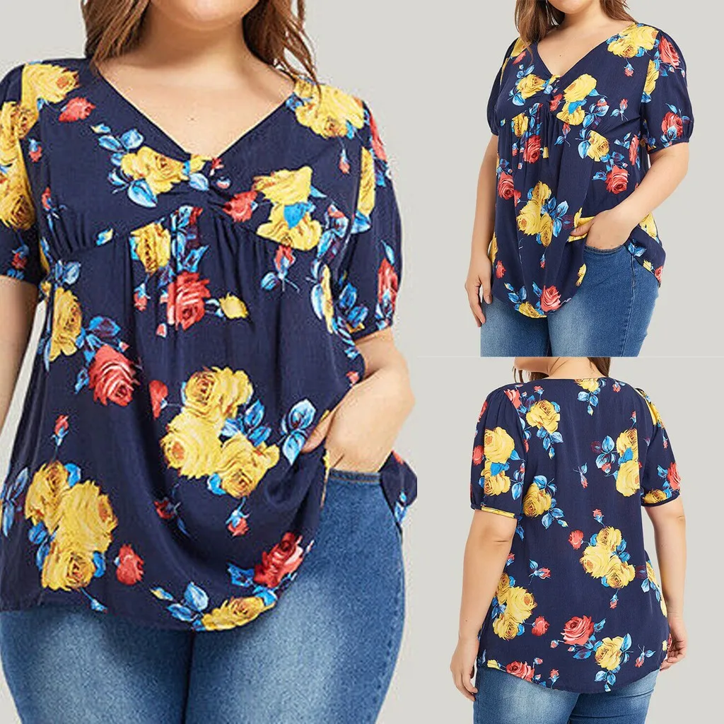 Модная женская блузка с принтом размера плюс Летние повседневные топы v-образным
