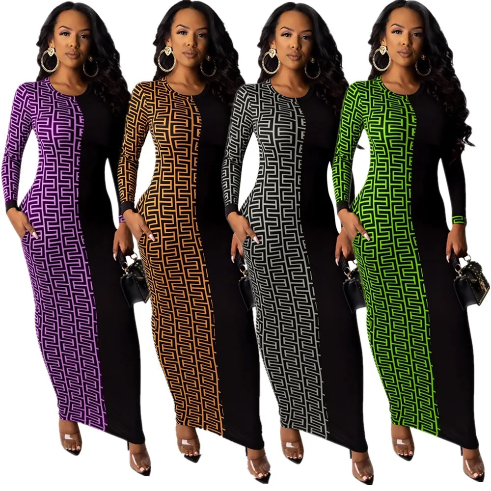 

Long Sleeve O Neck Casual Streetwear Vintage Geometry Maze Print Bodycon Maxi Dress Autumn Women Elegant Party Dress Club Dress