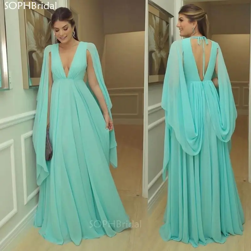 

New Vintage A Line Evening Dress 2021 Lace V Neck Cape Sleeves Chiffon Formal Vestidos de Festa Arabic Prom Party Gala Gowns