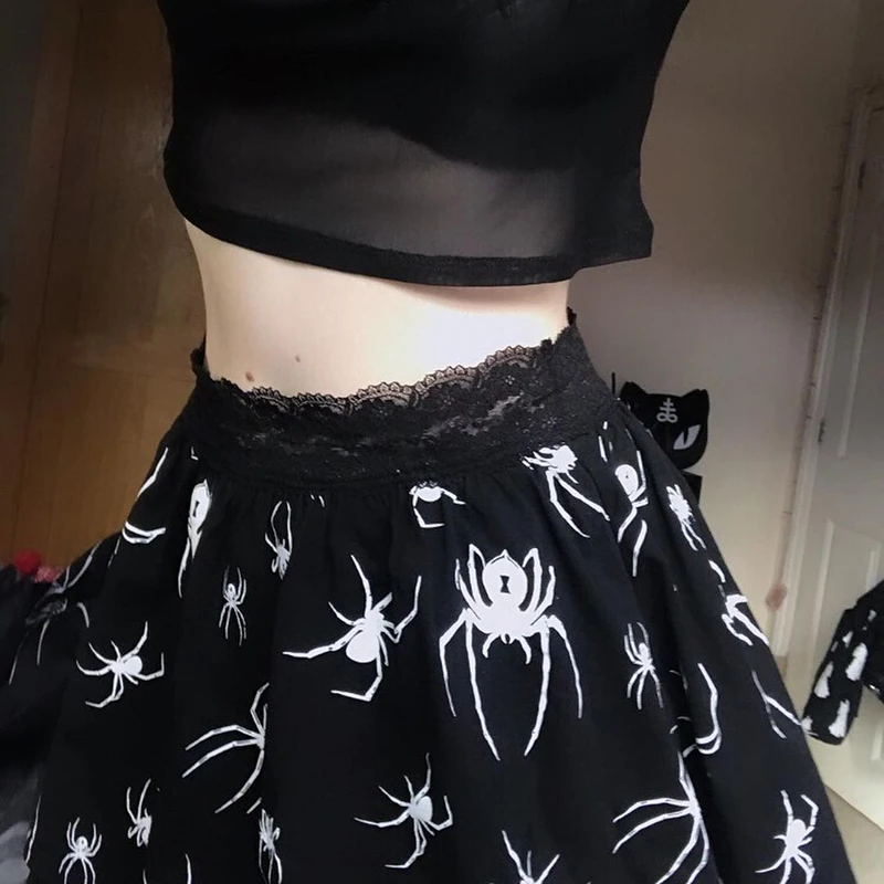 

Gothic Spider Print Black Skirt Goth Grunge High Waist Lace Patchwork Mini Skirt Women Punk Harajuku Summer A Line Skirts
