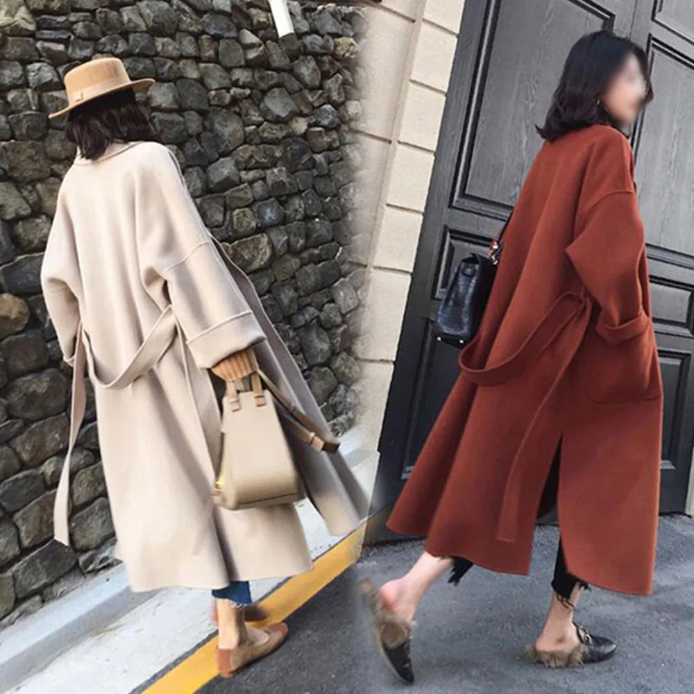 

Autumn Woolen Coat Women's Middle and Long 2020 New Style Over Knee Hepburn Gentle Double Face Woolen Coat Lace Up OverCoats