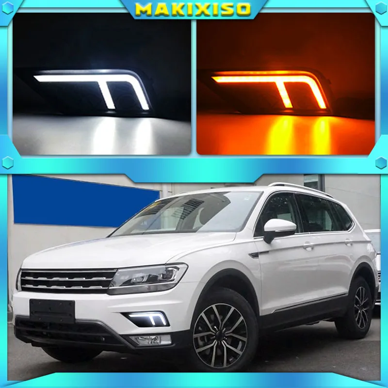 

1 пара автомобисветильник фар для Volkswagen VW Tiguan 2017 2018 2019 DRL дневные ходовые огни с желтым указателем поворота противотуманная фара