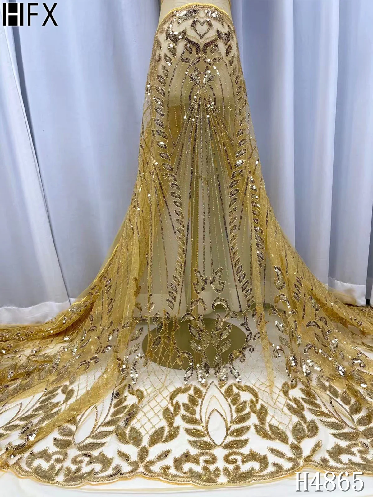 

HFX Handmade Beaded Africa Nigeria Lace Fabric 2021 High quality lace embroidery French tulle lace fabric for ladies dress H4865