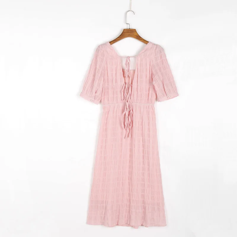 

Summer Women's Casual Solid Color Square Collar Long Sleeve Backless Slim Pleated Dress