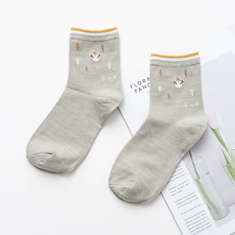 

[3 Pairs] Autumn Women Socks Cotton Cartoon Snowman Candy Color Socks Streetwear Fashion High Quality Spring Female Crew Socks