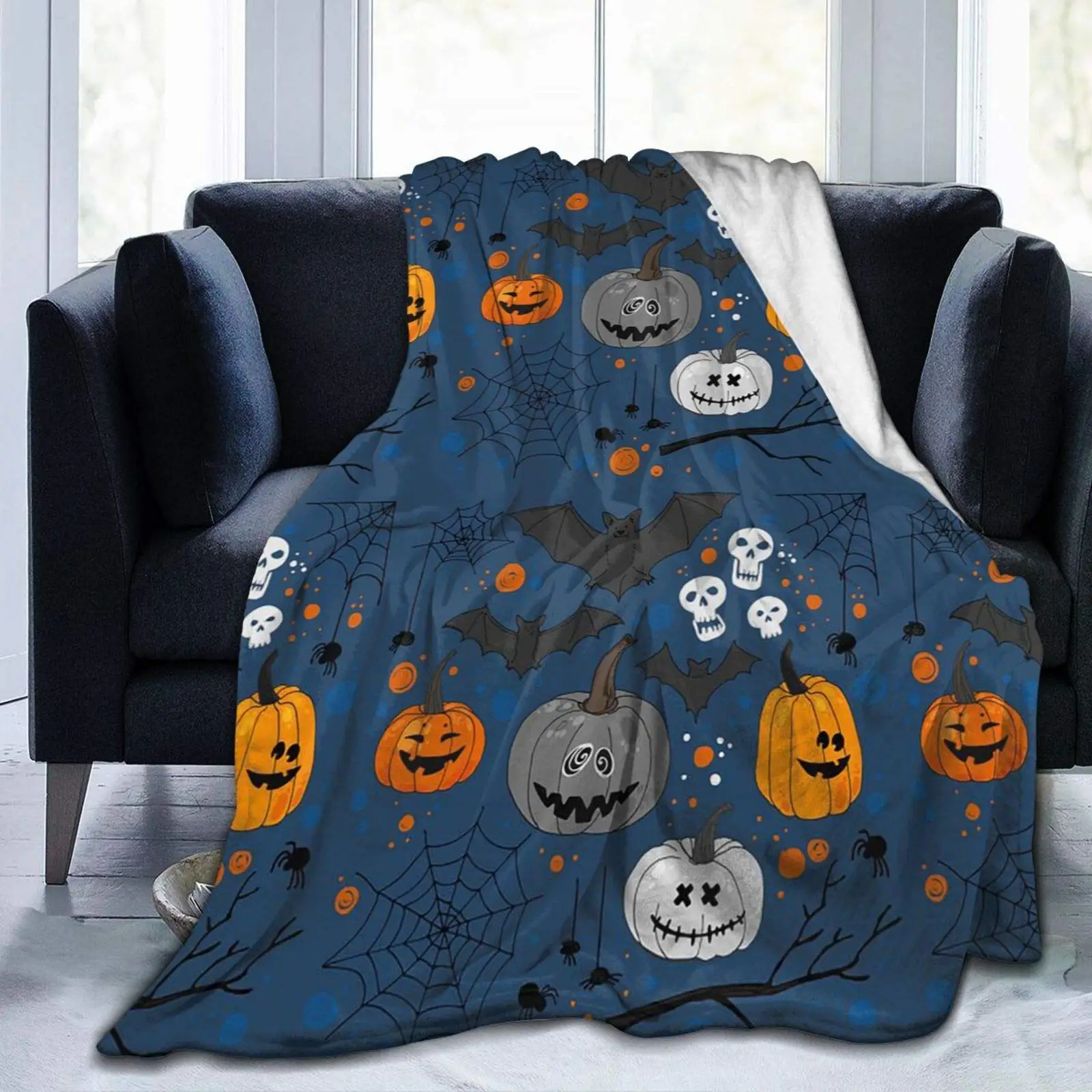 

Фланелевое покрывало с забавными тыквами и летучими мышами, одеяло для гостиной, спальни, дивана, теплое мягкое покрывало для кровати для де...