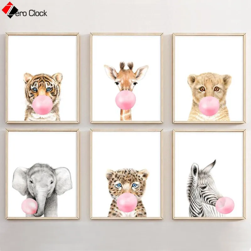 

Baby Animals Prints Pink Bubble Gum Poster Cute Canvas Painting Safari Nursery Wall Art Kids Room Nordic Decoration Pictures