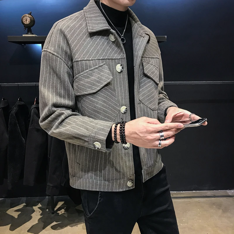 2019 мужское свободное шерстяное пальто осенние и зимние куртки короткий Тренч в