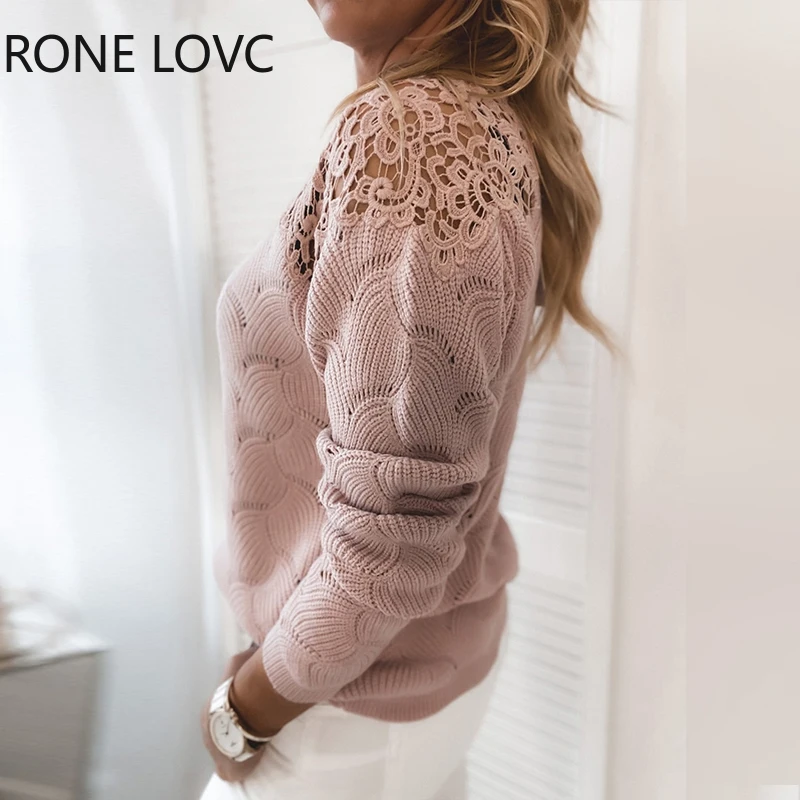 Женский Однотонный свитер с вырезами кружевной длинным рукавом и из гипюра |