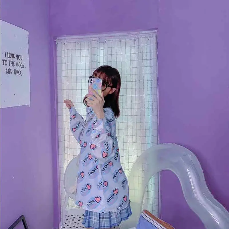 

Kawaii Shirts for Women Heart Print Shirt Long Sleeve Button Up Harajuku Blouses Korean Fashion Soft Girl Sun Proof Shirt